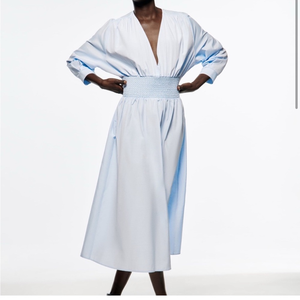 Zara blue poplin smocked waist midi dress size M NWT